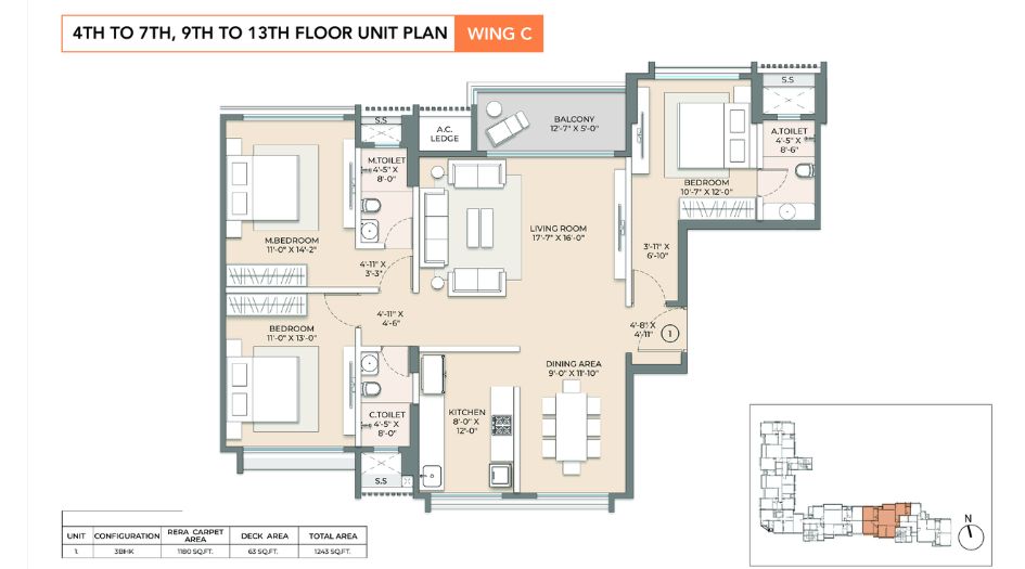 Arkade-Sapphire-FLoor-Plan-3 BHK- 1243 Sqft